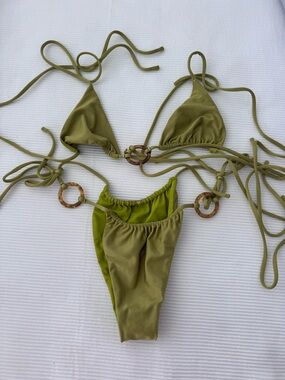 Olive Green Ring-Detail Triangle Bikini